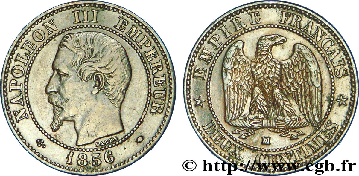 Deux centimes Napoléon III, tête nue 1856 Marseille F.107/42 TTB 