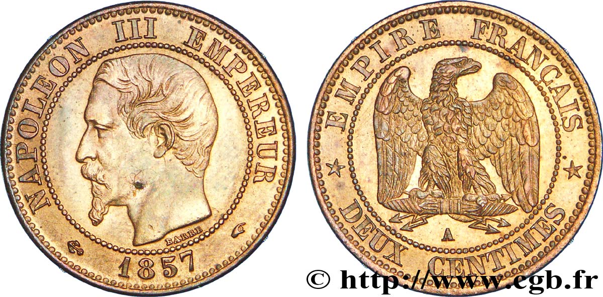 Deux centimes Napoléon III, tête nue 1857 Paris F.107/44 VZ 