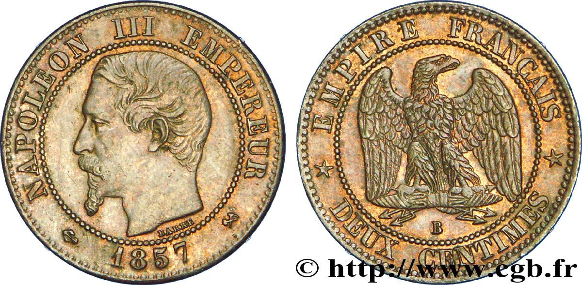 Deux centimes Napoléon III, tête nue 1857 Rouen F.107/45 SPL 