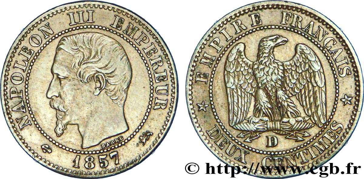 Deux centimes Napoléon III, tête nue, grand D et grand lion 1857 Lyon F.107/46 MBC 