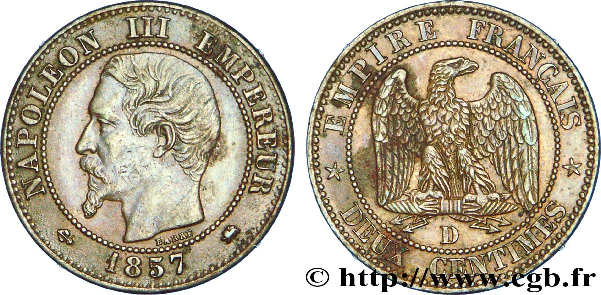 Deux centimes Napoléon III, tête nue, grand D et petit lion 1857 Lyon F.107/47 BB 
