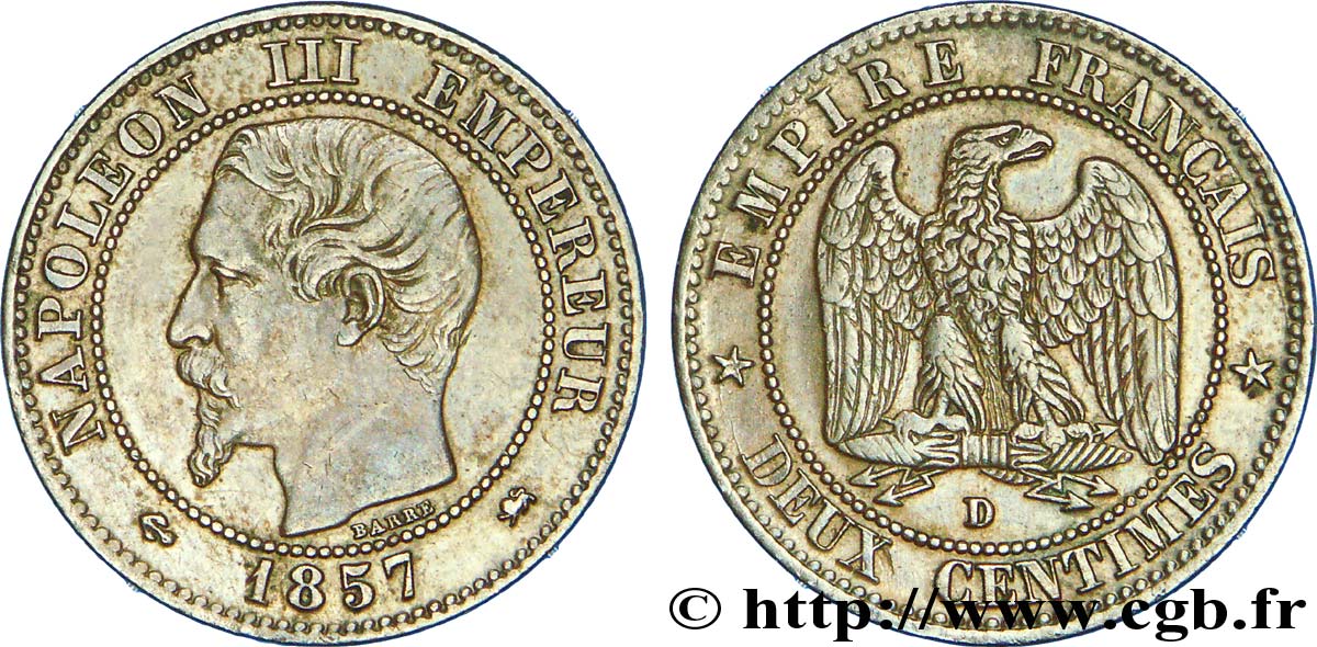 Deux centimes Napoléon III, tête nue, petit D et petit lion 1857 Lyon F.107/48 MBC 