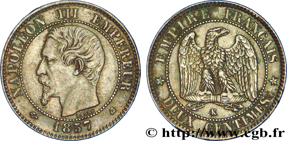 Deux centimes Napoléon III, tête nue 1857 Bordeaux F.107/49 MBC 