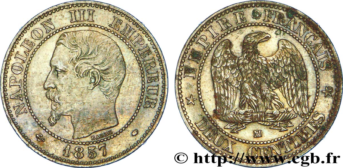 Deux centimes Napoléon III, tête nue 1857 Marseille F.107/50 SS 