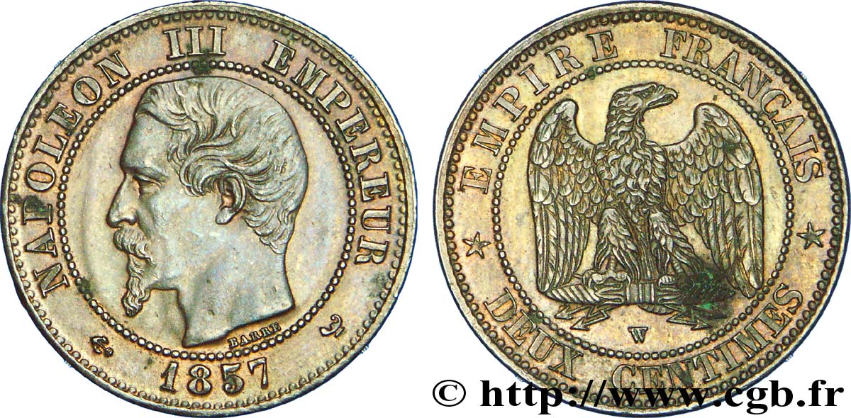 Deux centimes Napoléon III, tête nue 1857 Lille F.107/51 VZ 