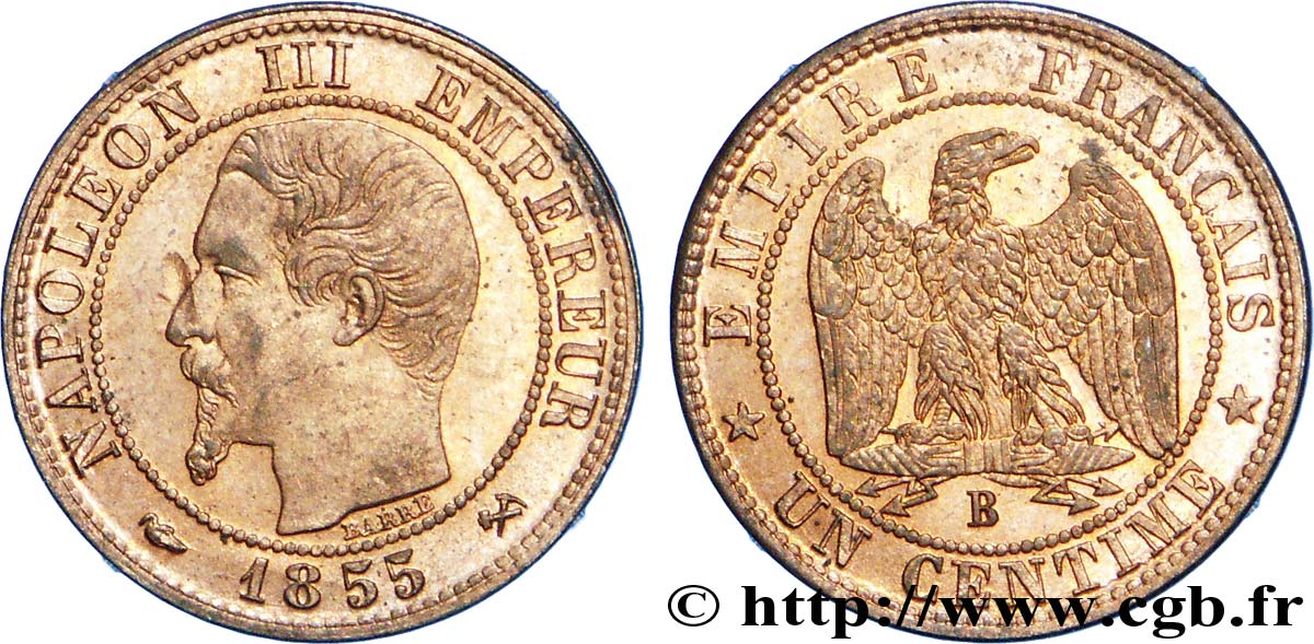 Un centime Napoléon III, tête nue 1855 Rouen F.102/17 EBC 