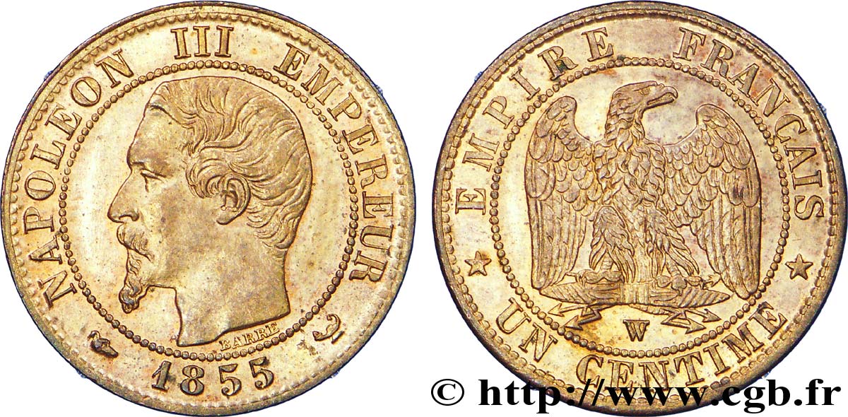 Un centime Napoléon III, tête nue, différent levrette 1855 Lille F.102/24 EBC 