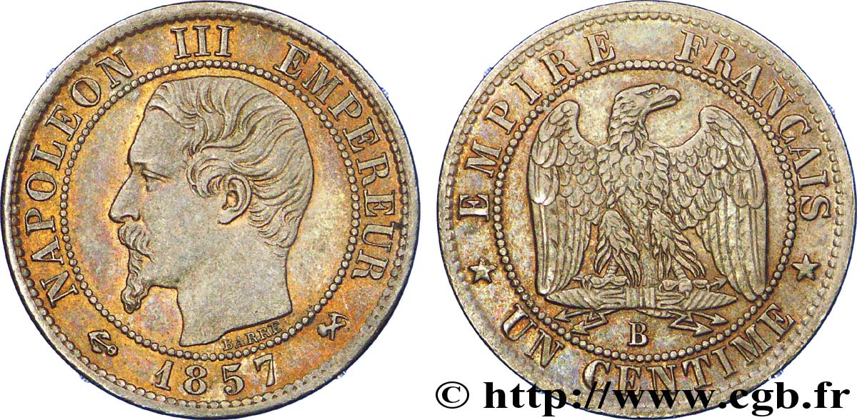 Un centime Napoléon III, tête nue 1857 Rouen F.102/34 EBC 