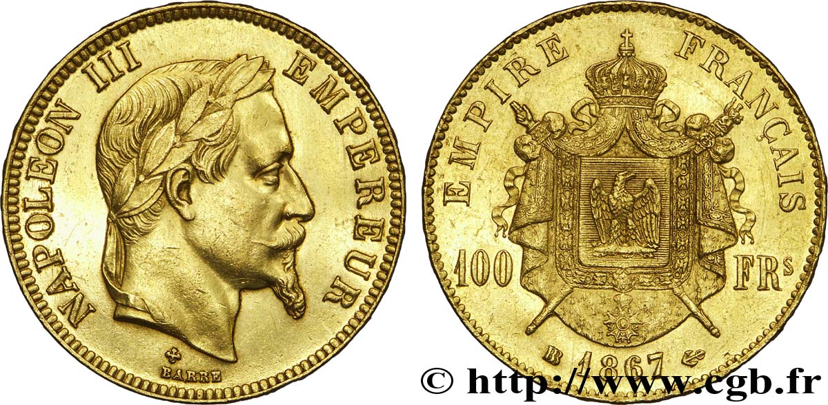 100 francs or Napoléon III, tête laurée 1867 Strasbourg F.551/9 XF 