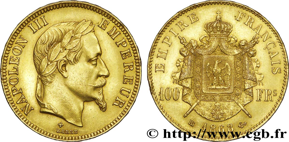 100 francs or Napoléon III, tête laurée 1868 Strasbourg F.551/11 AU 