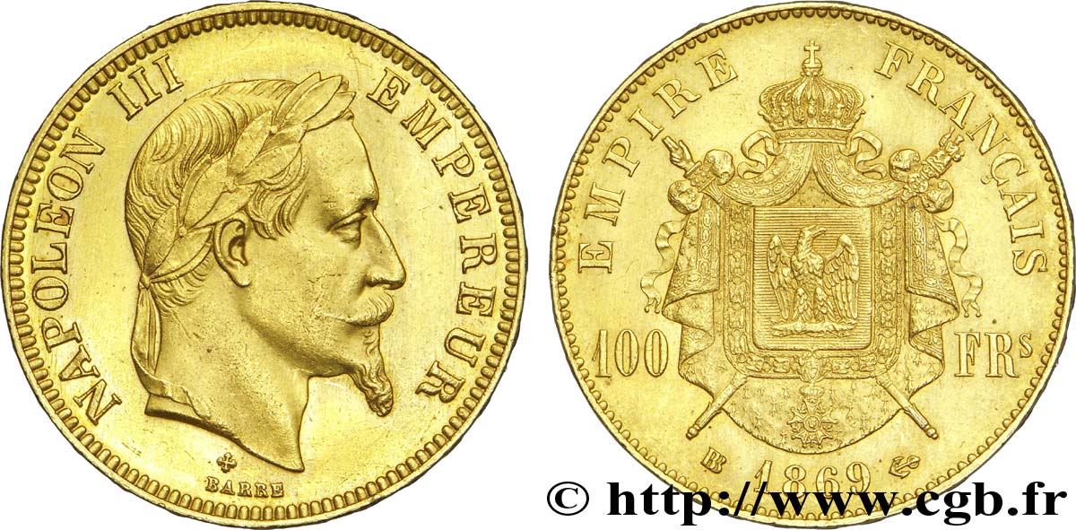 100 francs or Napoléon III, tête laurée 1869 Strasbourg F.551/13 SPL 