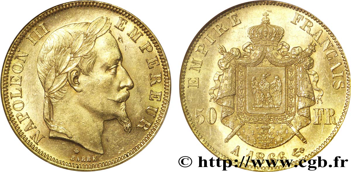 50 francs or Napoléon III, tête laurée 1866 Paris F.548/6 SPL 