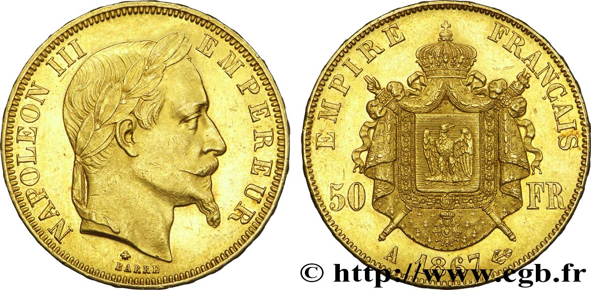 50 francs or Napoléon III, tête laurée 1867 Paris F.548/8 SUP 
