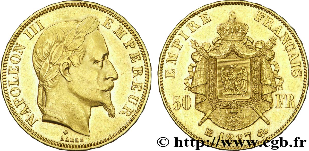 50 francs or Napoléon III, tête laurée 1867 Strasbourg F.548/9 XF 