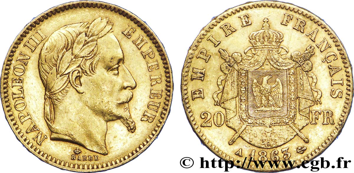 20 francs or Napoléon III, tête laurée 1863 Paris F.532/6 SS 