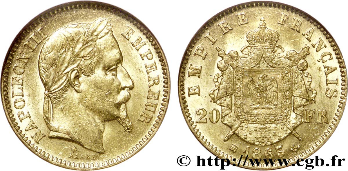 20 francs or Napoléon III, tête laurée 1863 Strasbourg F.532/7 SUP 