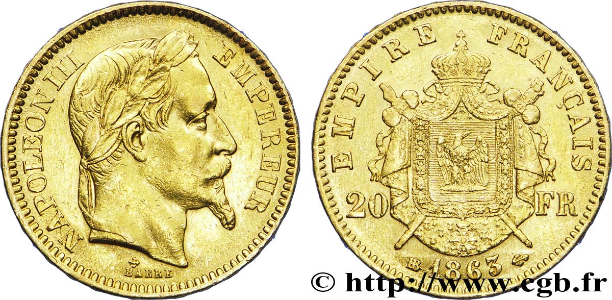 20 francs or Napoléon III, tête laurée 1863 Strasbourg F.532/7 TTB 