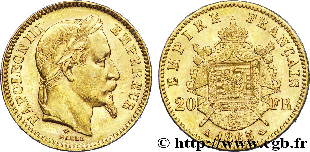 20 francs or Napoléon III, tête laurée 1865 Paris F.532/11 VZ 