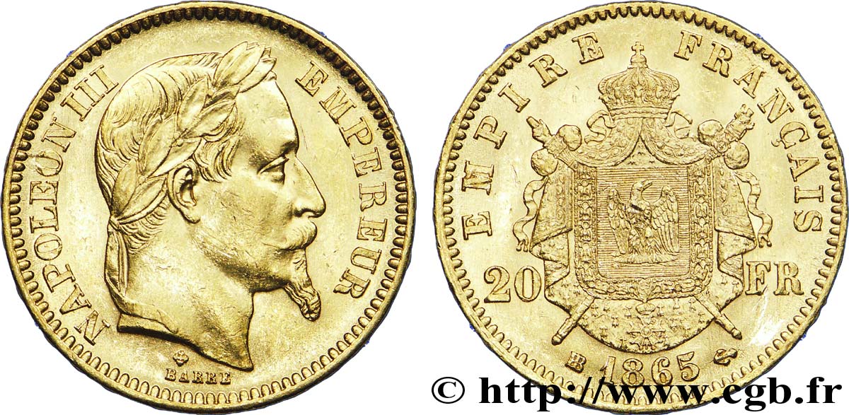 20 francs or Napoléon III, tête laurée 1865 Strasbourg F.532/12 AU 