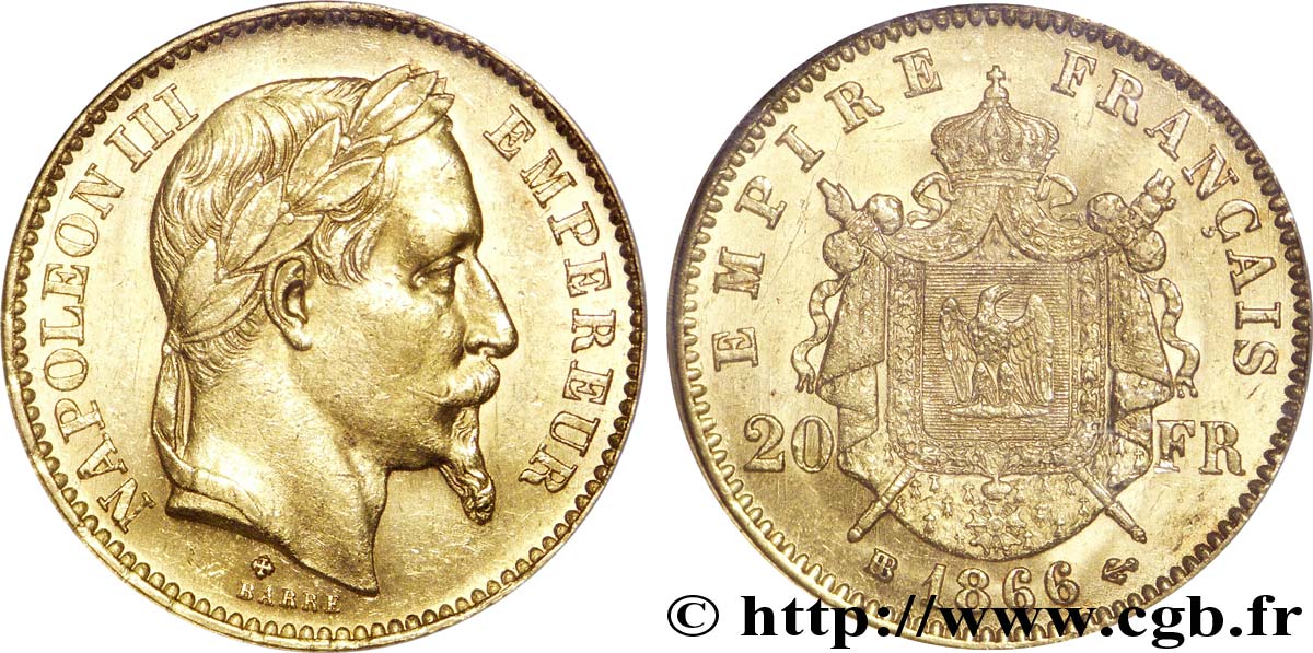 20 francs or Napoléon III, tête laurée 1866 Strasbourg F.532/14 EBC 