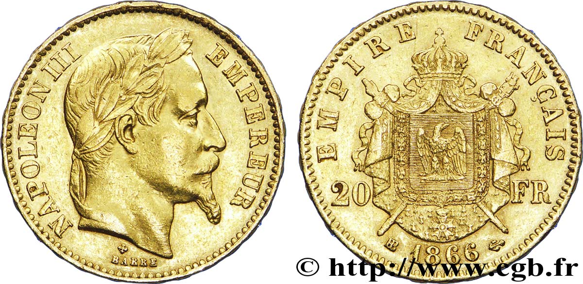 20 francs or Napoléon III, tête laurée 1866 Strasbourg F.532/14 TTB 