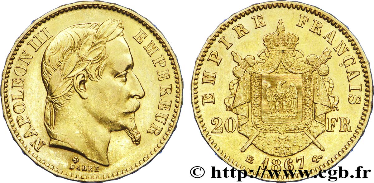 20 francs or Napoléon III, tête laurée, petit BB 1867 Strasbourg F.532/16 TTB 