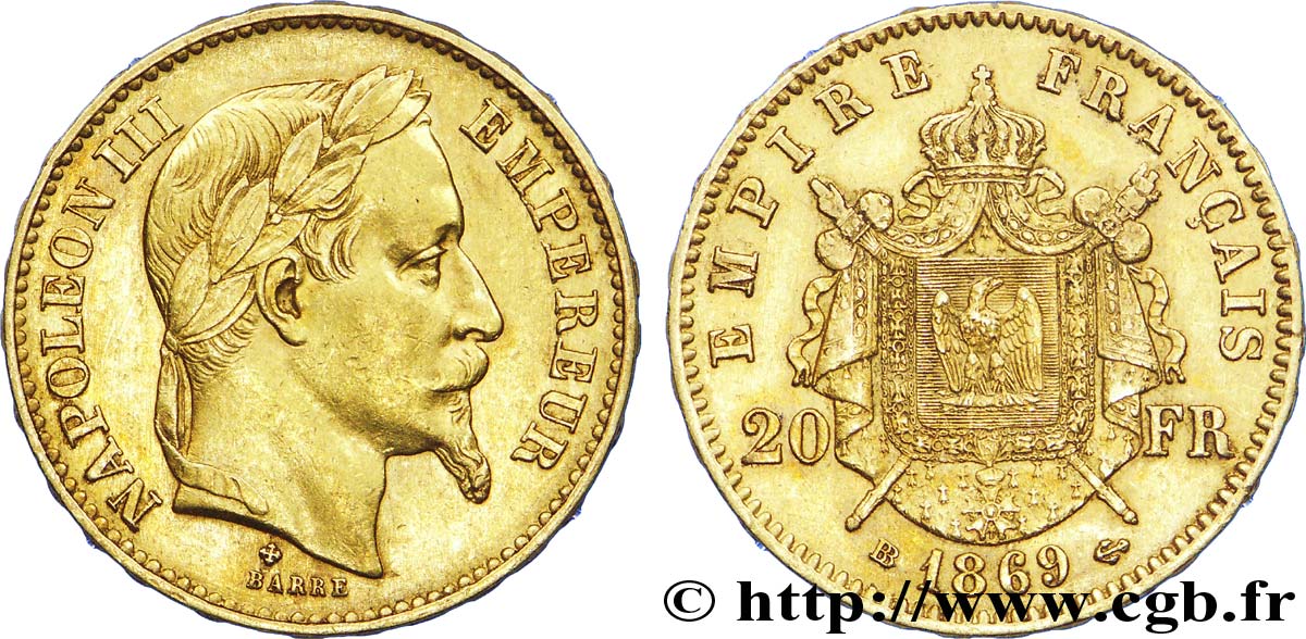 20 francs or Napoléon III, tête laurée, petit BB 1869 Strasbourg F.532/21 MBC 