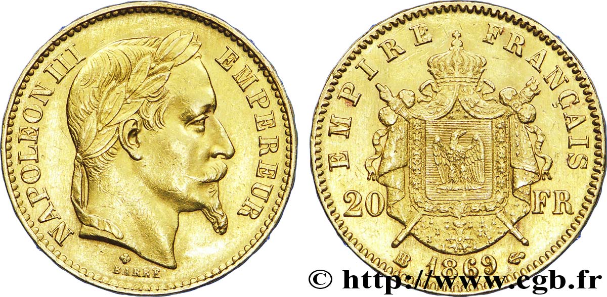 20 francs or Napoléon III, tête laurée, grand BB 1869 Strasbourg F.532/22 var. SS 