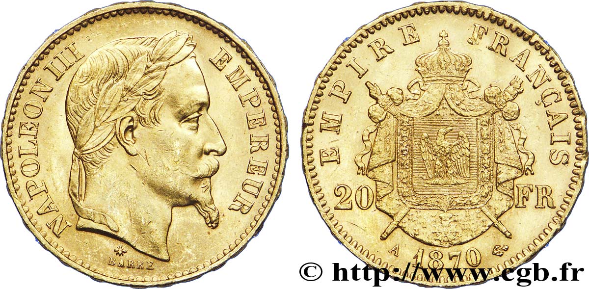 20 francs or Napoléon III, tête laurée 1870 Paris F.532/23 SUP 
