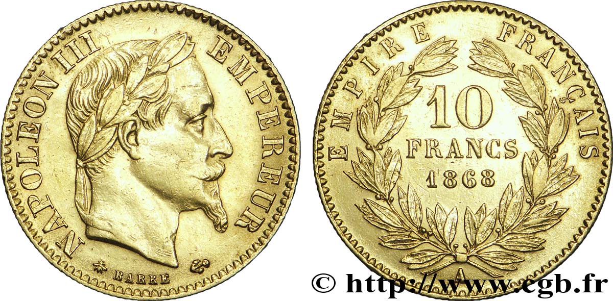 10 francs or Napoléon III, tête laurée 1868 Paris F.507A/17 MBC 