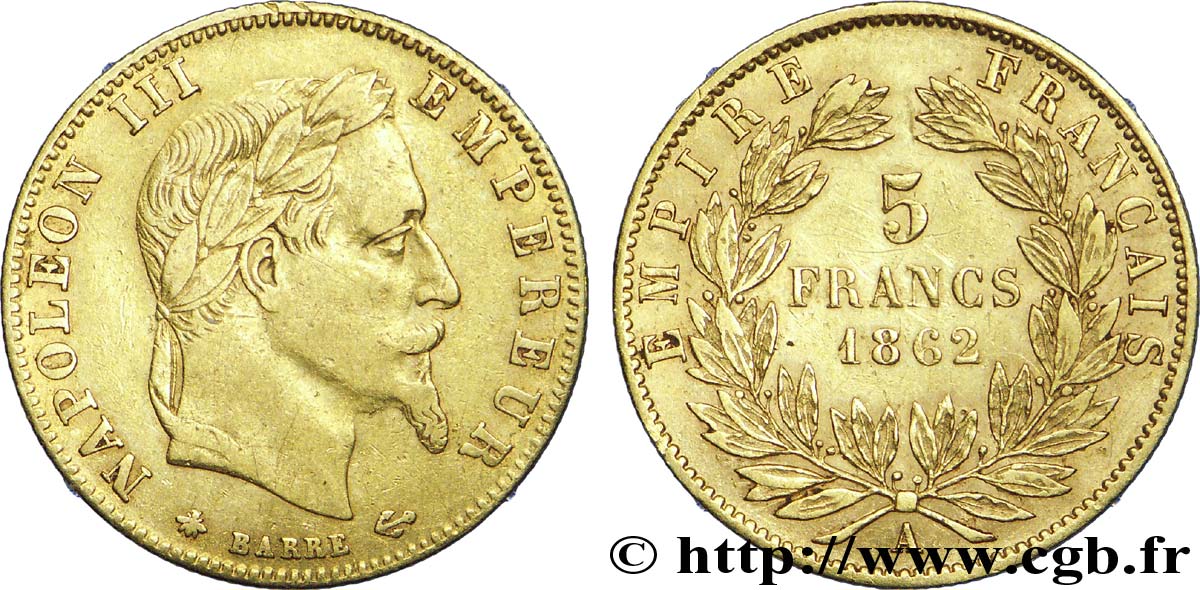 5 francs or Napoléon III, tête laurée 1862 Paris F.502/1 SS 