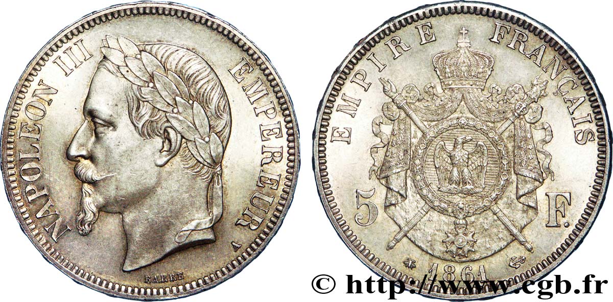 5 francs Napoléon III, tête laurée, petit A 1861 Paris F.331/1 SUP 