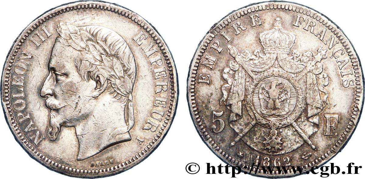 5 francs Napoléon III, tête laurée 1862 Paris F.331/3 XF 
