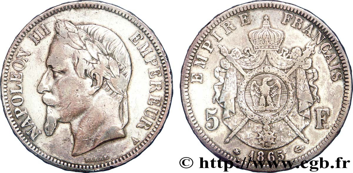 5 francs Napoléon III, tête laurée 1865 Paris F.331/7 MB 