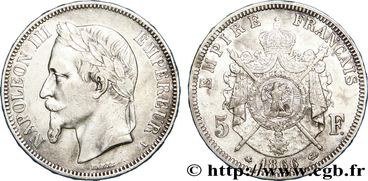 5 francs Napoléon III, tête laurée 1866 Paris F.331/9 BB 