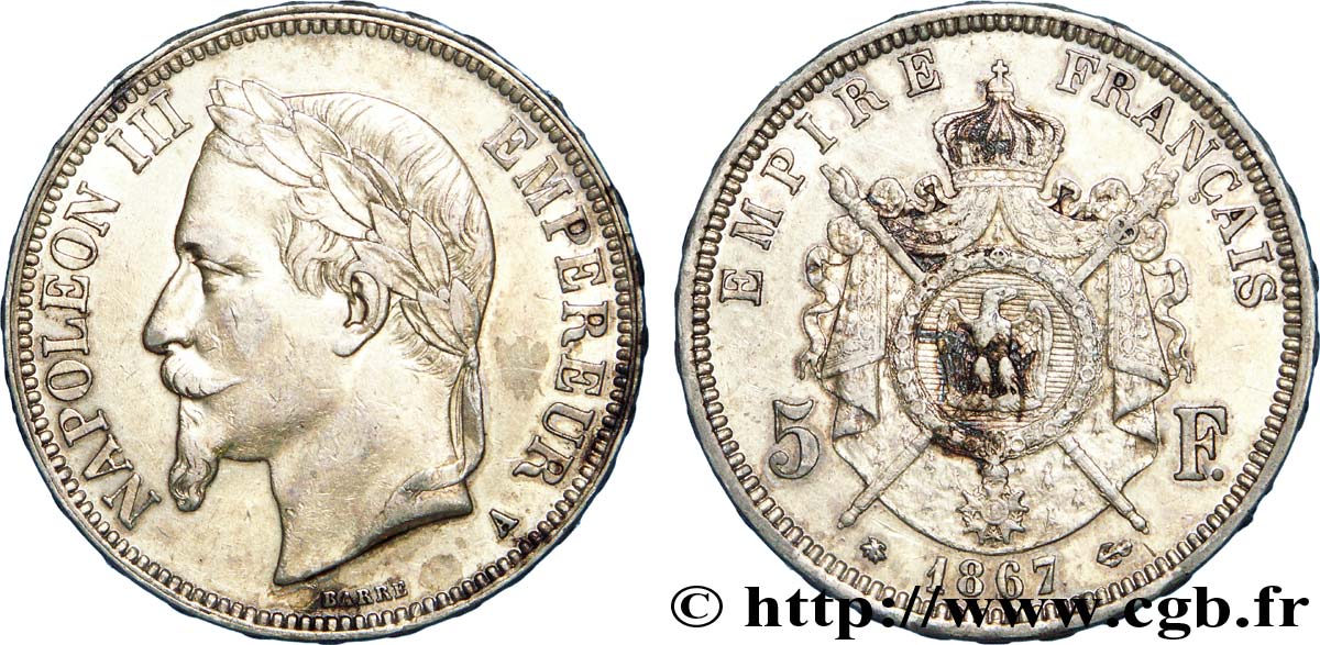 5 francs Napoléon III, tête laurée 1867 Paris F.331/10 TTB 