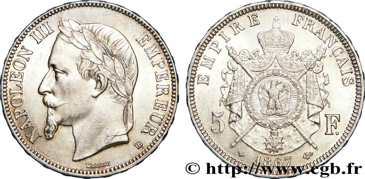 5 francs Napoléon III, tête laurée 1867 Strasbourg F.331/11 SPL 