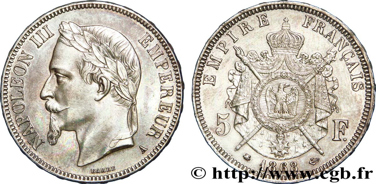 5 francs Napoléon III, tête laurée 1868 Paris F.331/12 SUP 