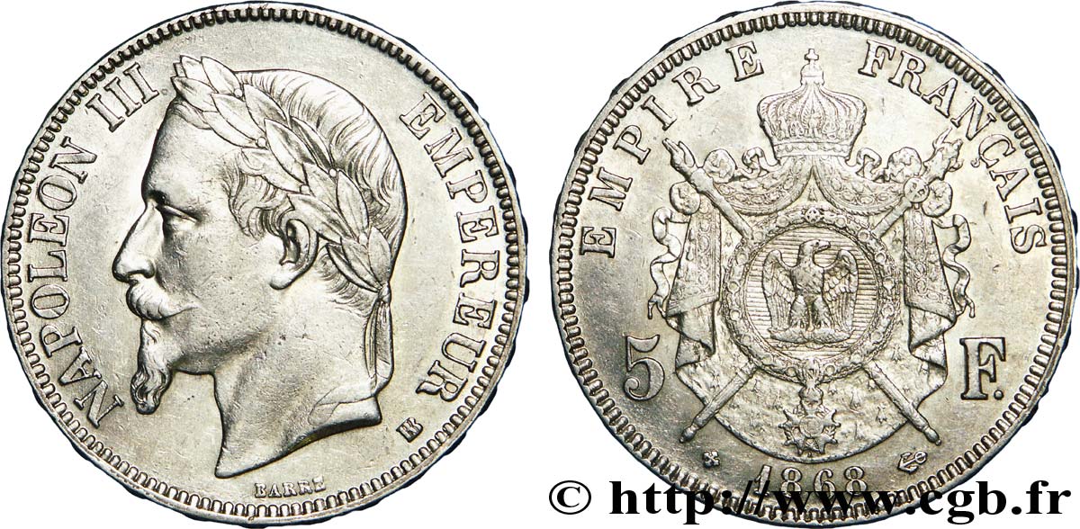 5 francs Napoléon III, tête laurée 1868 Strasbourg F.331/13 MBC 