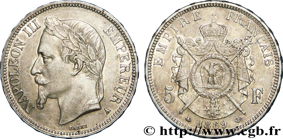 5 francs Napoléon III, tête laurée 1869 Paris F.331/14 MBC 