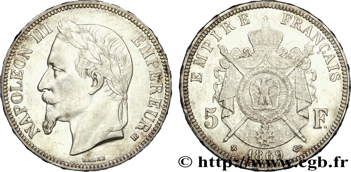 5 francs Napoléon III, tête laurée 1869 Strasbourg F.331/15 SPL 