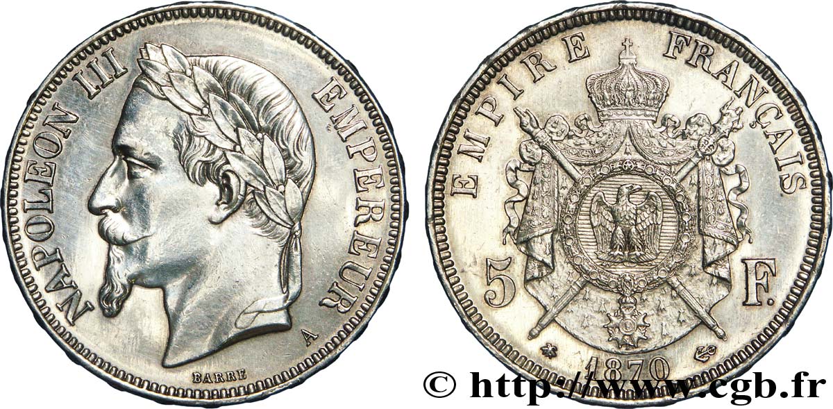 5 francs Napoléon III, tête laurée 1870 Paris F.331/16 AU 