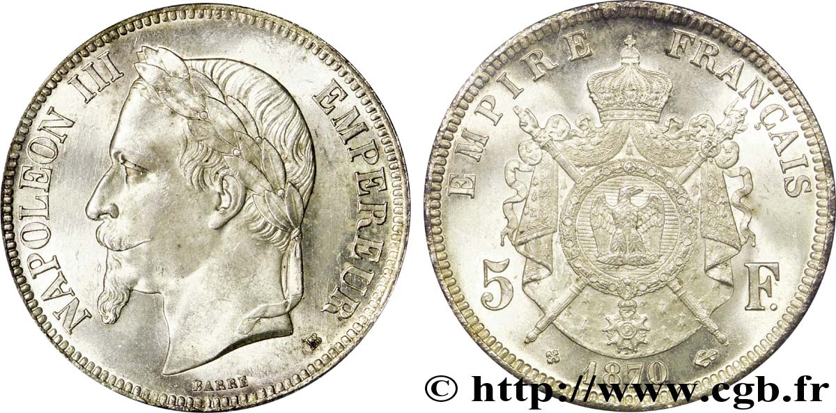 5 francs Napoléon III, tête laurée 1870 Strasbourg F.331/17 SC 