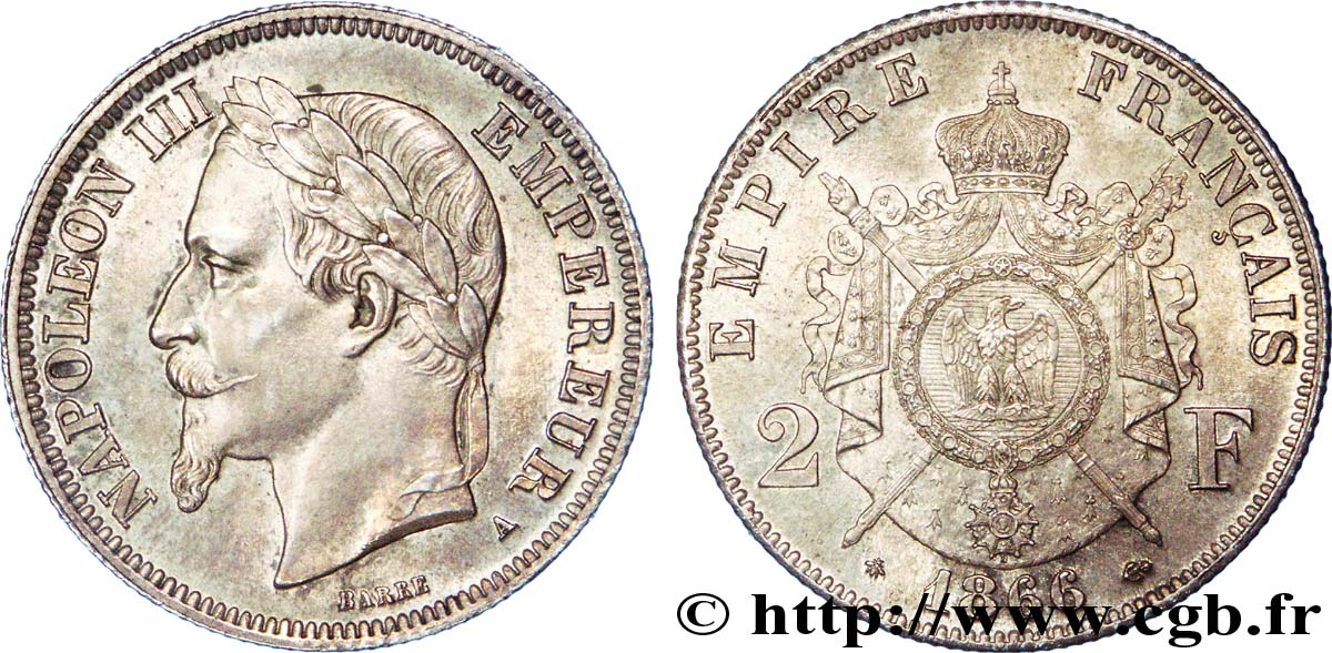 2 francs Napoléon III, tête laurée 1866 Paris F.263/2 SPL 