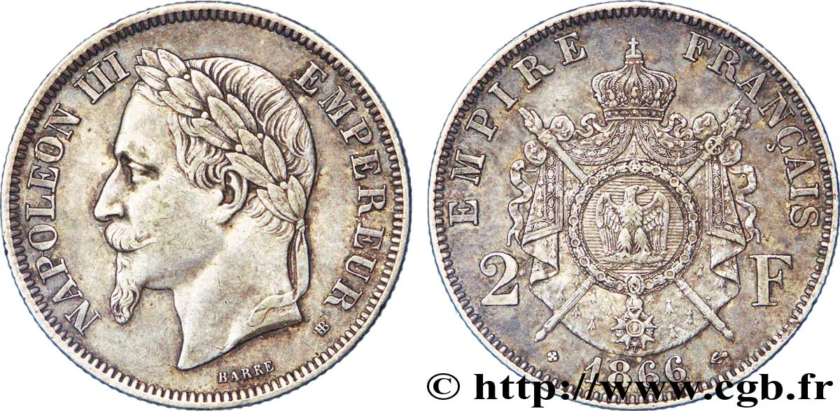 2 francs Napoléon III, tête laurée  1866 Strasbourg F.263/3 SS 