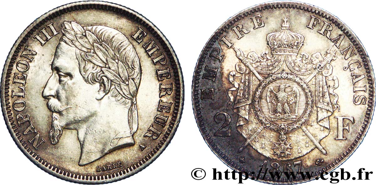 2 francs Napoléon III, tête laurée  1867 Paris F.263/5 AU 