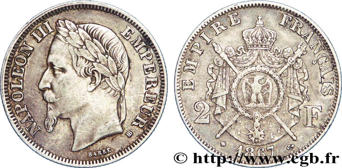 2 francs Napoléon III, tête laurée  1867 Strasbourg F.263/6 TTB 
