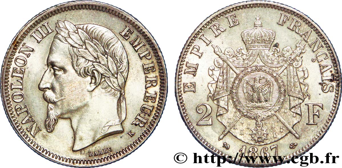 2 francs Napoléon III, tête laurée  1867 Bordeaux F.263/7 VZ 