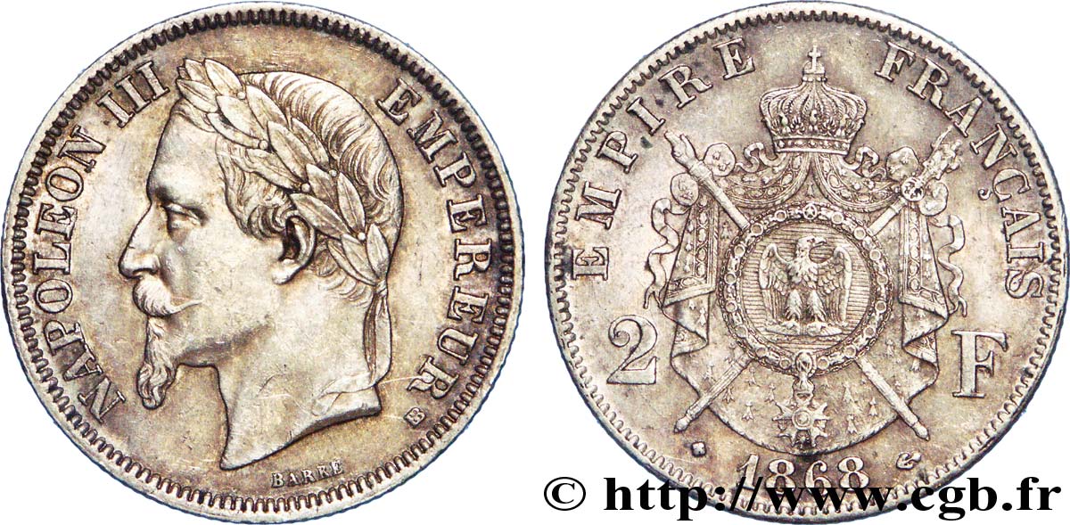 2 francs Napoléon III, tête laurée  1868 Strasbourg F.263/9 AU 