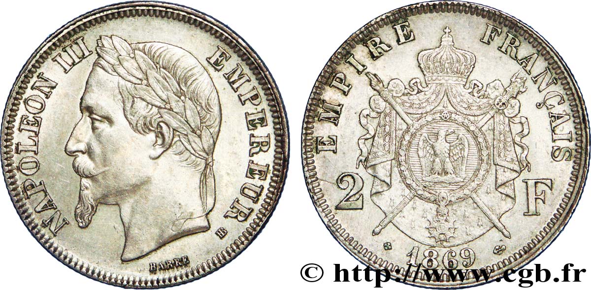 2 francs Napoléon III, tête laurée  1869 Strasbourg F.263/11 AU 